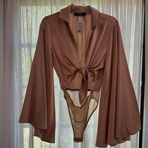 AKIRA Bodysuit tie front beige shirt with bell sleeves size M